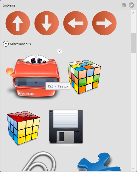 The emblems panel with expandable categories and an emblem placed on the icon