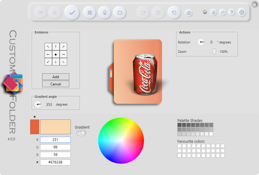 The transform panel (rotation circle, degrees field and zoom slider)