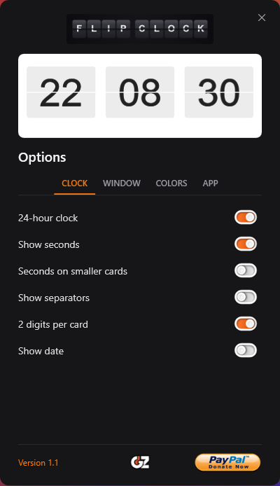 Options window — Clock