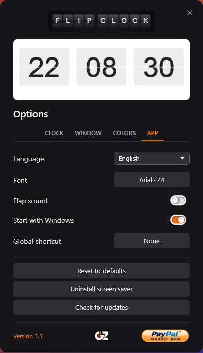Options window — App