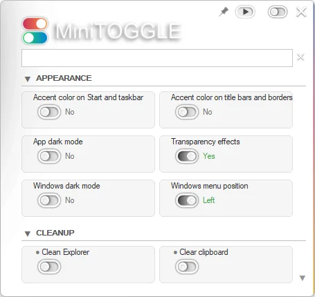 MiniToggle — Settings panel