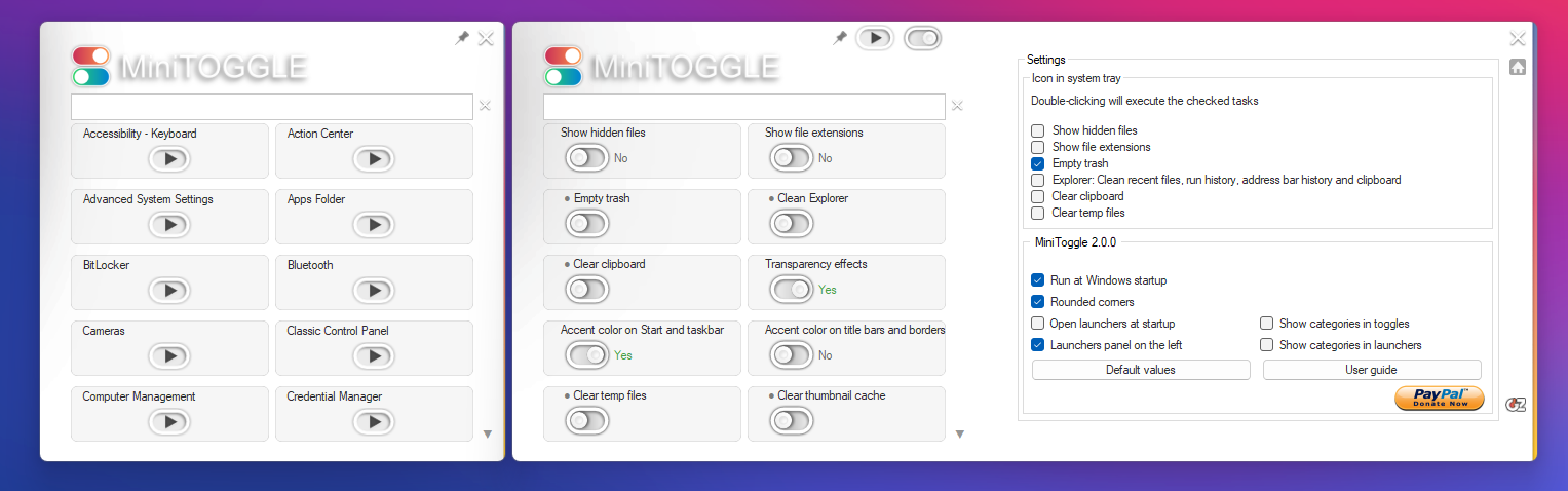 miniToggle expanded with launcher panel
