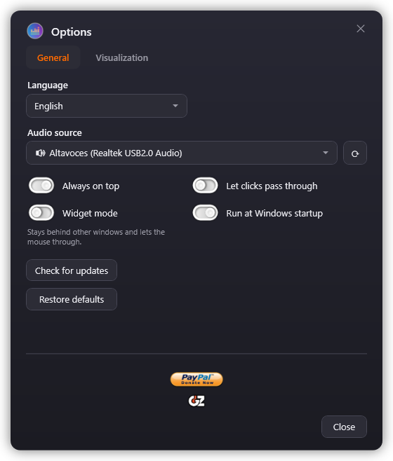 Options — General tab