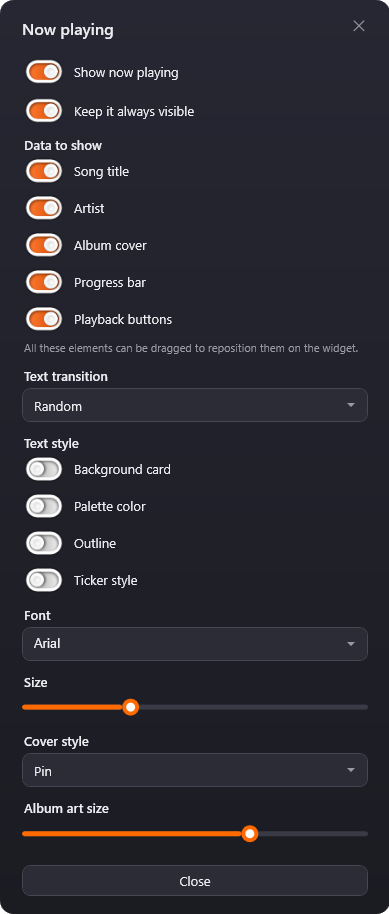 Now Playing settings panel